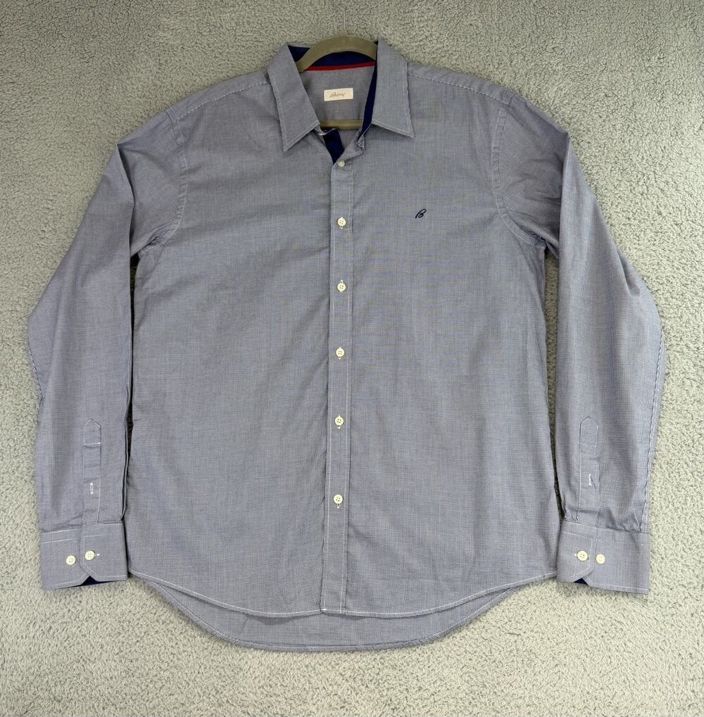 Brioni Dress Shirt Men's 44/17.5 (fits 43/16.5) Blue Checkered Button Up Cotton